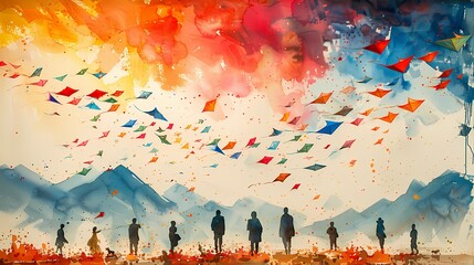 A traditional Basant scene with colorful kites floating on a white canvas, creating a visually captivating composition