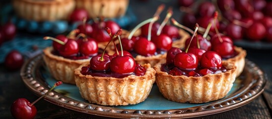 A selection of small tarts with cherries on a plate, showcasing a delicious dessert option.