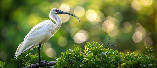 A white Oriental Ibis with a long beak standing gracefully on a tree branch.