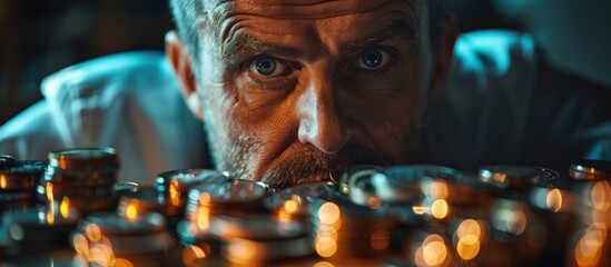 A man, possibly a businessman or boss, closely examines a table filled with numerous glasses.