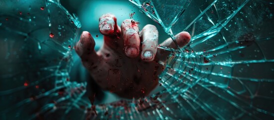 A person gripping their hand through a shattered glass panel, showing resilience amidst danger. - obrazy, fototapety, plakaty