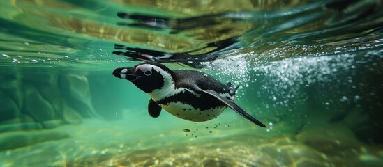 A black and white penguin gracefully swims under the water in the ocean, showcasing its streamlined body and flippers propelling it forward.