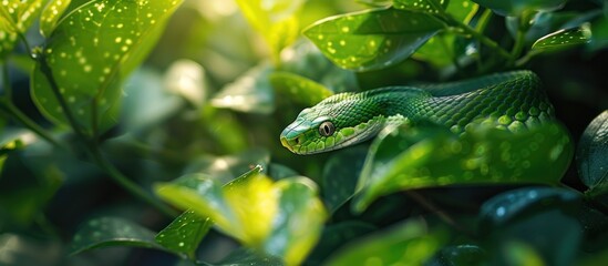 Close-up of a green snake slithering on a leafy branch.
