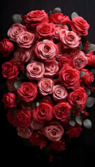 Bouquet of red roses on black background. Top view.