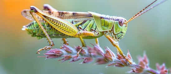This close-up captures a vibrant green grasshopper perched on a plant. The intricate details of the grasshoppers body and the plants texture are visible.