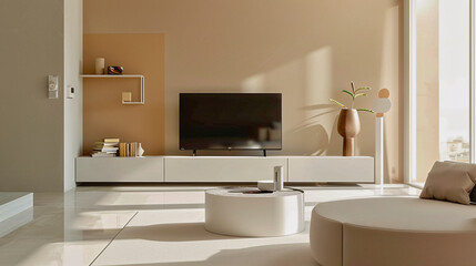 Fototapeta na wymiar A modern living room boasts a sleek TV resting on a minimalist cabinet against a calming soft beige wall. Clean lines and pops of cream & peach create a stylish and inviting space. 