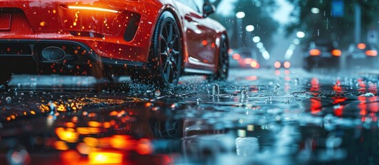 A red sports car drives down a rain-soaked street, creating splashes of water as it moves through the wet surface.