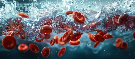Red blood cells are seen floating in clear water, showcasing their unique shape and vibrant color. - obrazy, fototapety, plakaty