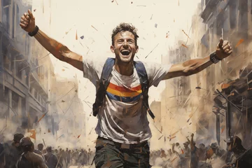 Foto op Canvas A determined athlete crossing the finish line of a marathon, with arms raised in victory and a look of triumph on their face © The Origin 33