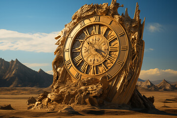 A surreal image of a giant clock melting in a desert landscape, symbolizing the passage of time and the transience of existence