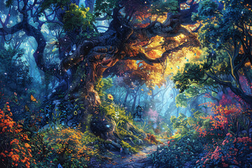 Fototapeta na wymiar Enchanted forest path with magical trees and glowing lights. Fantasy landscape digital artwork