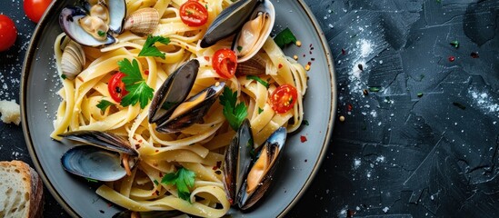 A plate of homemade pasta topped with fresh clams and tomatoes, creating a flavorful and satisfying...