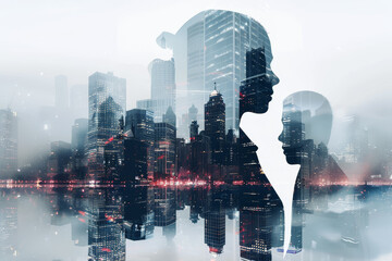 A woman's silhouette is reflected in the water of a city - Powered by Adobe