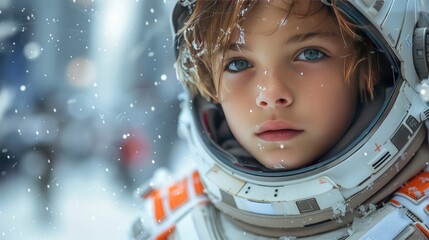 An image of a young boy in a futuristic ensemble, posing confidently, set against a dynamic, modern cityscape 