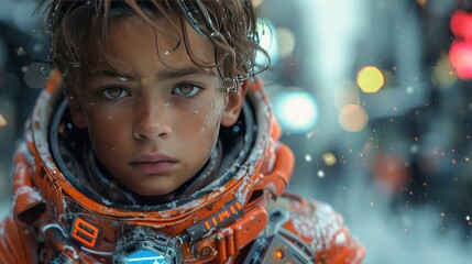 An image of a young boy in a futuristic ensemble, posing confidently, set against a dynamic, modern cityscape 
