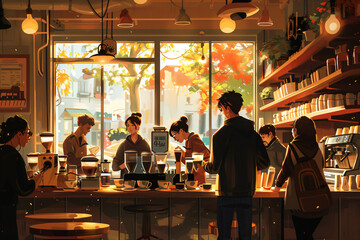 Cozy urban cafe interior with customers enjoying coffee. Warm light digital illustration