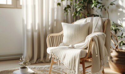 Fringed Woven Throw Blanket Mockup on sofa in room