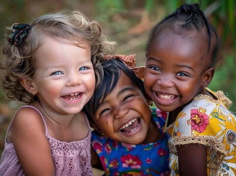 Stunning high resolution photos of multicultural children happily playing together in the park. Friends