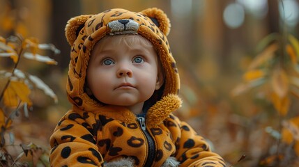 An image of a young boy in a playful animal print outfit, his innocence and fun captured against a natural forest backdrop 