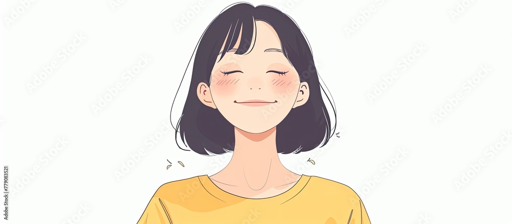 Sticker cartoon character with short hair, yellow shirt, smiling face with bright eyes, raised eyebrows, and