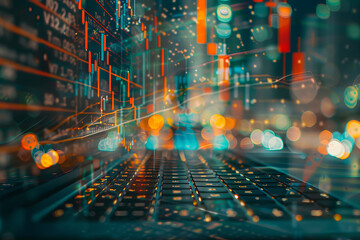 A computer keyboard with a blurry background of a city