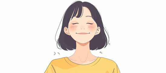 Cartoon character with short hair, yellow shirt, smiling face with bright eyes, raised eyebrows, and a wide mouth, showing her chin and arms