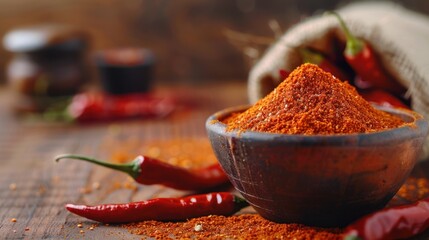 fresh red chili powder in a sack for background photos food advertising