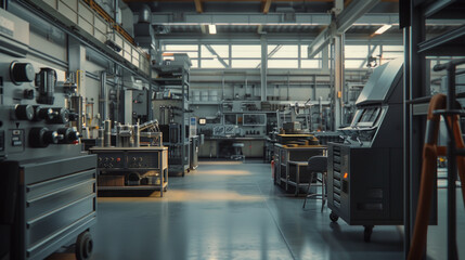 A busy aerospace composites manufacturing facility with specialized equipment and quality control stations, momentarily idle but ready to manufacture advanced composite materials