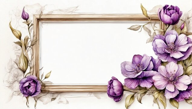 A watercolor painting of a floral frame with purple, pink, and yellow flowers.

