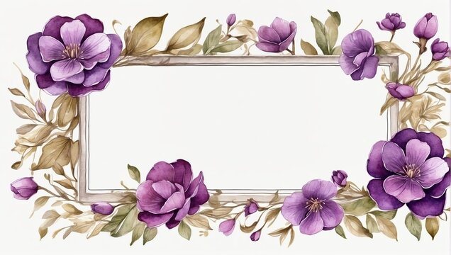 A watercolor painting of a floral frame with purple, pink, and yellow flowers.

