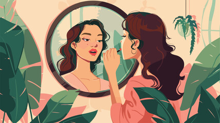 Young woman applying lipstick looking at mirror in - obrazy, fototapety, plakaty