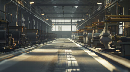 A modern textile weaving mill with weaving machines and yarns, momentarily still but ready to produce fabrics with intricate patterns and textures