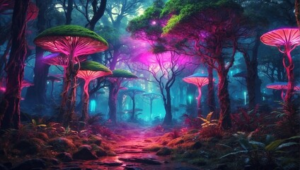 A forest with glowing mushrooms

