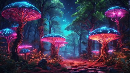 A forest with glowing mushrooms

 - obrazy, fototapety, plakaty