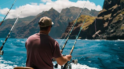 Man Fishing On A Boat In The Open Sea. Beautiful Scenery With Calm Water And Mountains. Leisure Activity And Nature Enjoyment. Perfect For Travel And Sports Magazines. AI - obrazy, fototapety, plakaty