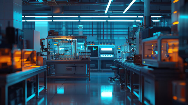 A state-of-the-art biotech research and development laboratory with gene editing tools and cell culture systems, momentarily silent but ready to advance the field of gene therapy