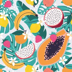 Trendy seamless pattern with bright colourful tropical fruits and palm leaves. Vector illustration.