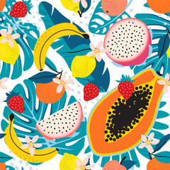 Trendy seamless pattern with bright colourful tropical fruits and palm leaves. Vector illustration.