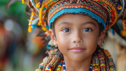 An image of a young boy in a vibrant cultural attire, standing proudly, reflecting his heritage against a complementary scenic background