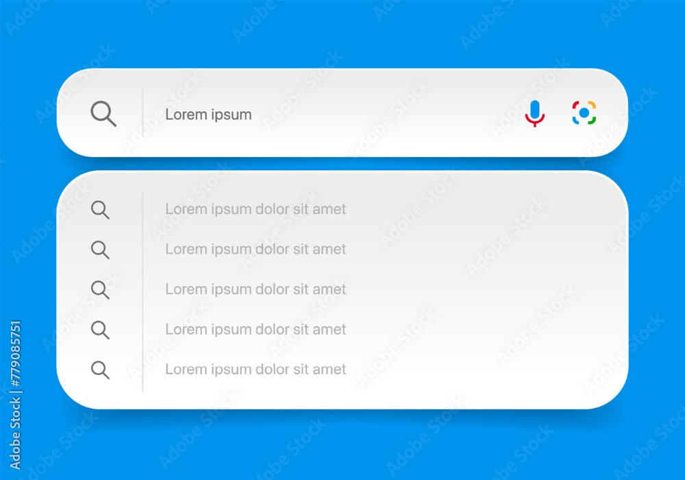 Aufkleber Search Bar with suggestions for UI UX design and web site. Search Address and navigation bar icon. Collection of search form templates for websites. Search engine web browser window template.