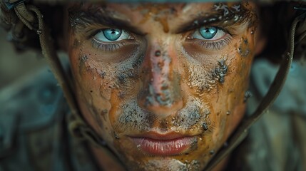 closeup portrait of of soldier, his face smeared with mud and dirt; war, conflict and armed forces