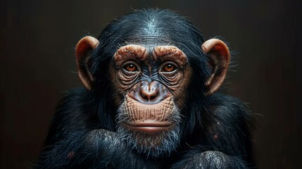 serious chimpanzee looking at camera, thinking, isolated on black background
