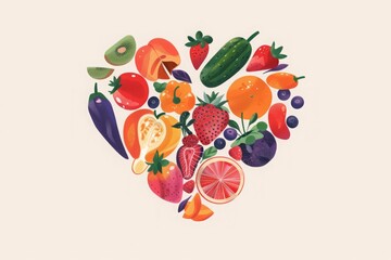 Illustration of a heart made of fruits and vegetables: Heart-shaped variety of fruits and vegetables