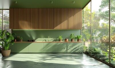 Green kitchen room and minimalist interior design on mockup wood slat wall - obrazy, fototapety, plakaty
