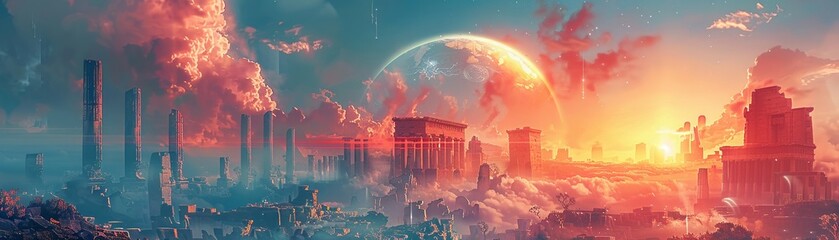 Ancient ruins with holograms, sunset, past meets future , Technology - obrazy, fototapety, plakaty