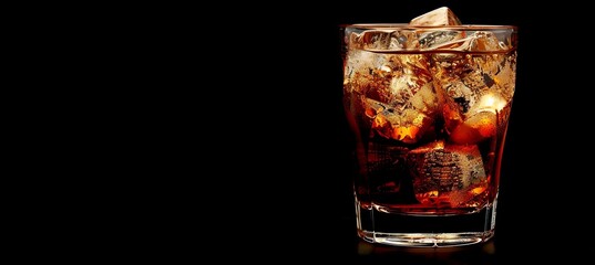 Liquid coke refreshment in a glass with ice on a black background banner