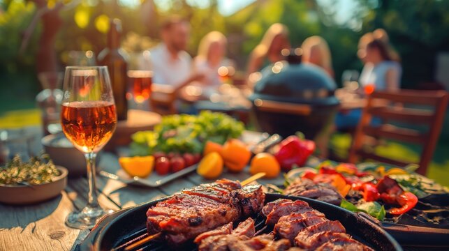 Picnic party in summer time, closeup food and wine gathered on the table outdoor backyard garden