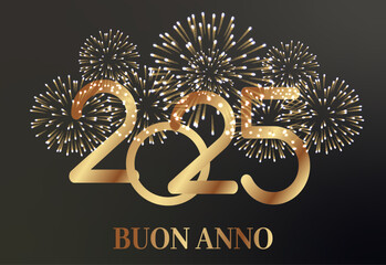 Biglietto o striscione per augurare un felice anno nuovo 2025 in oro con un fuoco d'artificio dorato dietro di esso su uno sfondo sfumato nero e grigio