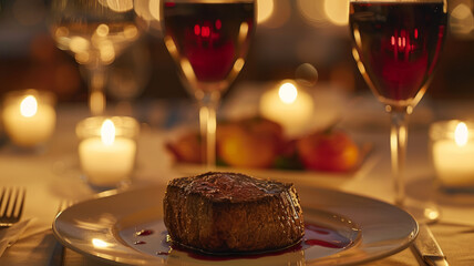 Romantic dinner setting with steak and wine