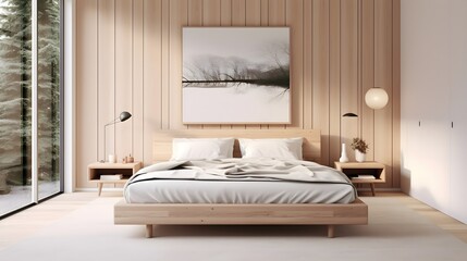 Modern Master Bedroom Interior with Wood Paneling and Platform Bed, mockup interior design